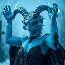 A gothic female reptilian with sky-blue skin and horns, raising her arms made of ice