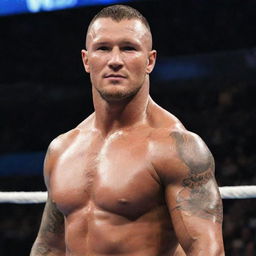 Randy Orton, a professional WWE wrestler, in his signature pose in a wrestling ring. He's muscular and focussed, ready for his next match.