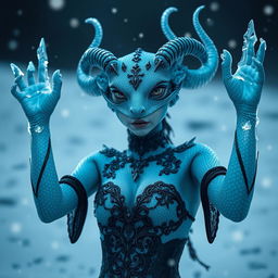 A gothic female reptilian with sky-blue skin and horns, raising her arms made of ice