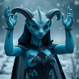 A gothic female reptilian with sky-blue skin and horns, raising her arms made of ice