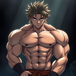 A hyper-realistic anime character with a muscular, rugged body and a handsome face