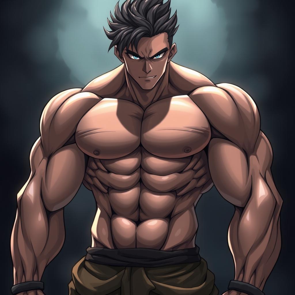 A hyper-realistic anime character with a muscular, rugged body and a handsome face