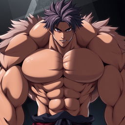 A hyper-realistic anime character with a muscular, rugged body and a handsome face