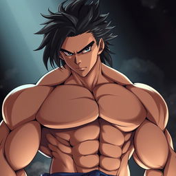 A hyper-realistic anime character with a muscular, rugged body and a handsome face