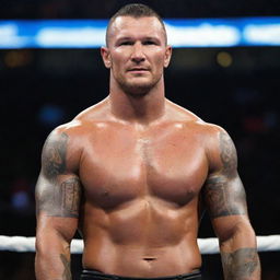 Randy Orton, a professional WWE wrestler, in his signature pose in a wrestling ring. He's muscular and focussed, ready for his next match.