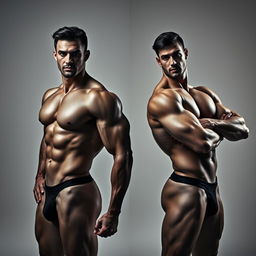 A set of two muscular men posing confidently in a tasteful and artistic manner