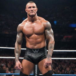 Randy Orton, a professional WWE wrestler, in his signature pose in a wrestling ring. He's muscular and focussed, ready for his next match.