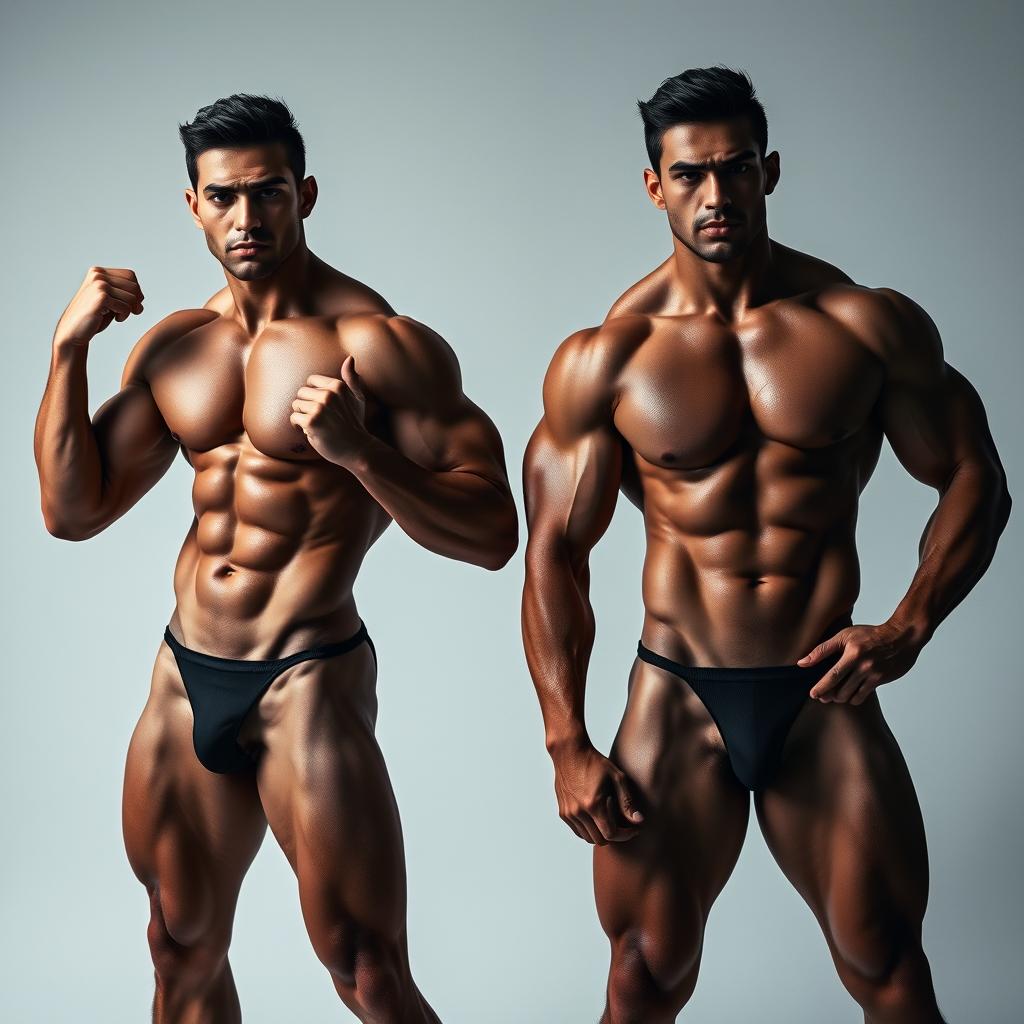 A set of two muscular men posing confidently in a tasteful and artistic manner