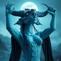 A gothic ice reptilian woman with a human face and horns, raising her arms