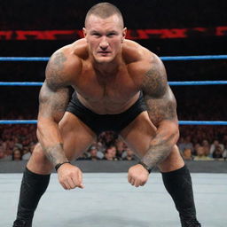 Randy Orton, a professional WWE wrestler, in his signature pose in a wrestling ring. He's muscular and focussed, ready for his next match.