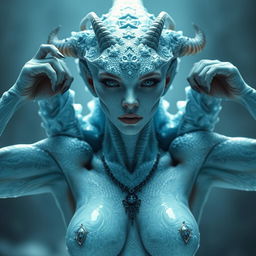 An ice reptilian woman with a beautiful human face and celestial skin, featuring gothic elements