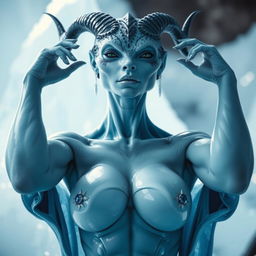 A gothic ice reptilian woman with a beautiful human face, adorned with horns