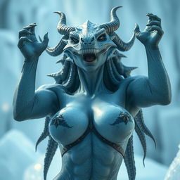 A gothic ice reptilian woman with a beautiful human face, adorned with horns