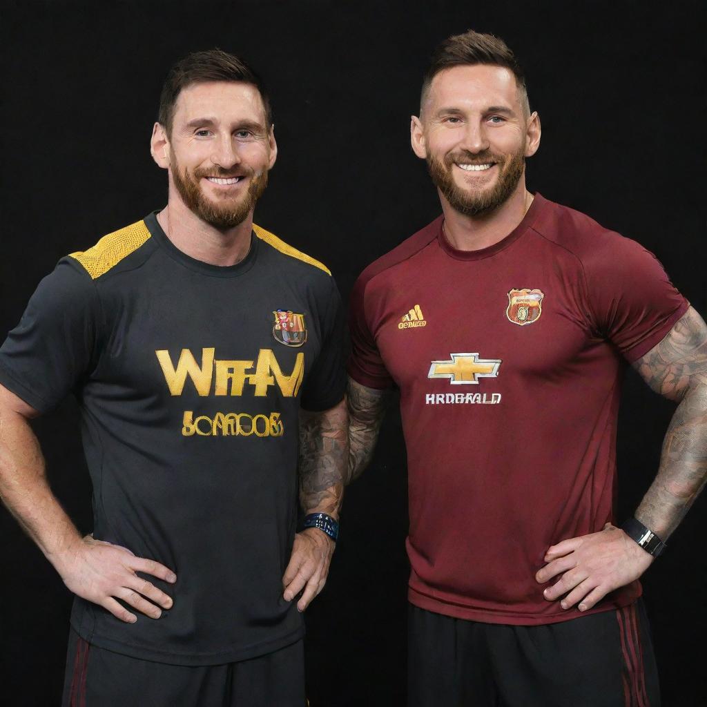 Lionel Messi, the famous footballer, and Randy Orton, the WWE wrestler, standing side-by-side, each one in their respective sports gear, sharing smiles.