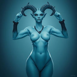 A beautiful ice reptilian woman with a human-like face, adorned with horns