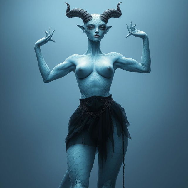 A beautiful ice reptilian woman with a human-like face, adorned with horns