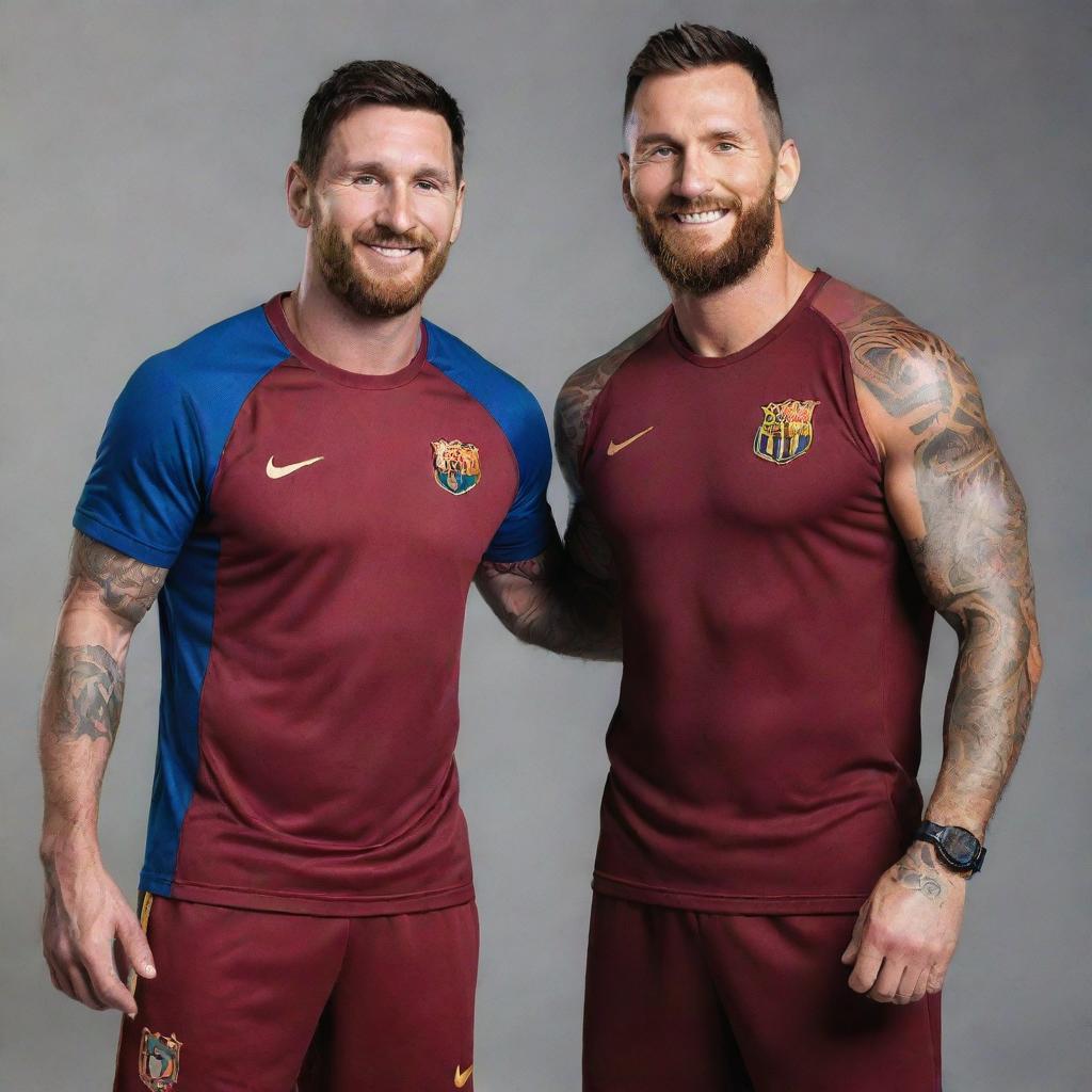 Lionel Messi, the famous footballer, and Randy Orton, the WWE wrestler, standing side-by-side, each one in their respective sports gear, sharing smiles.