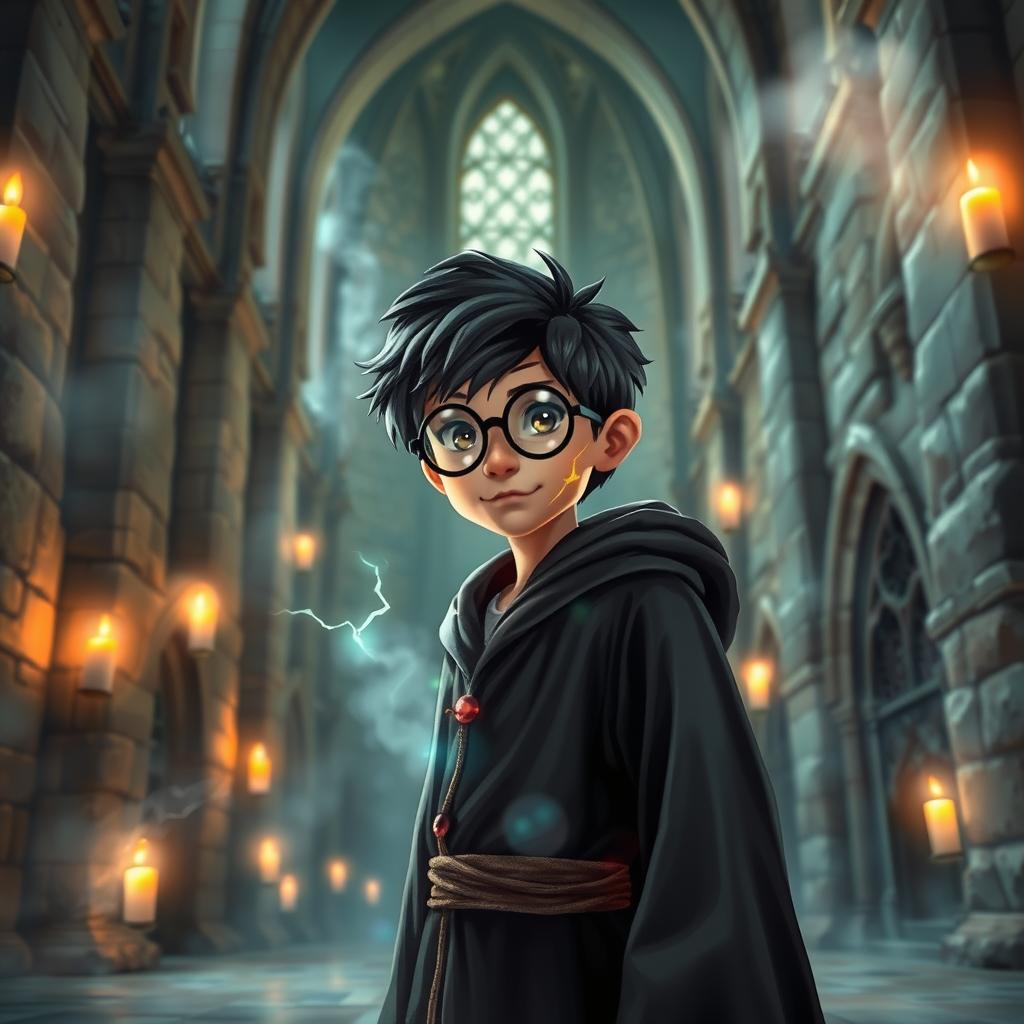 A mystical, enchanting scene featuring a young wizard with iconic round glasses and a lightning bolt scar, standing in the grand halls of a magical castle with towering stone walls