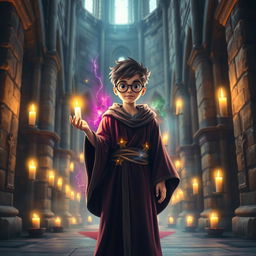 A mystical, enchanting scene featuring a young wizard with iconic round glasses and a lightning bolt scar, standing in the grand halls of a magical castle with towering stone walls