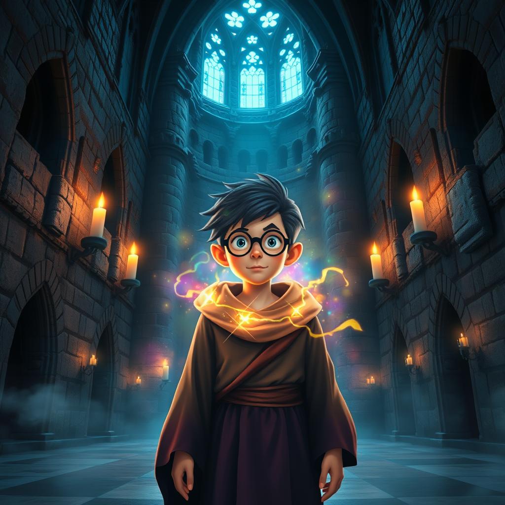 A mystical, enchanting scene featuring a young wizard with iconic round glasses and a lightning bolt scar, standing in the grand halls of a magical castle with towering stone walls