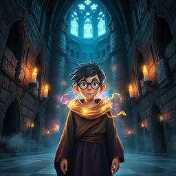 A mystical, enchanting scene featuring a young wizard with iconic round glasses and a lightning bolt scar, standing in the grand halls of a magical castle with towering stone walls