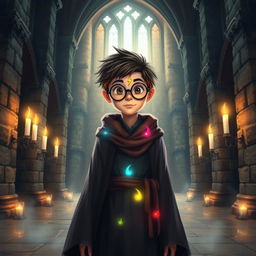 A mystical, enchanting scene featuring a young wizard with iconic round glasses and a lightning bolt scar, standing in the grand halls of a magical castle with towering stone walls