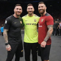 Lionel Messi, the famous footballer, and Randy Orton, the WWE wrestler, standing side-by-side, each one in their respective sports gear, sharing smiles.