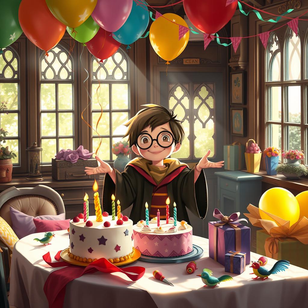 A heartwarming scene celebrating a birthday in a quaint London house, adorned with magical elements