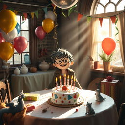 A heartwarming scene celebrating a birthday in a quaint London house, adorned with magical elements