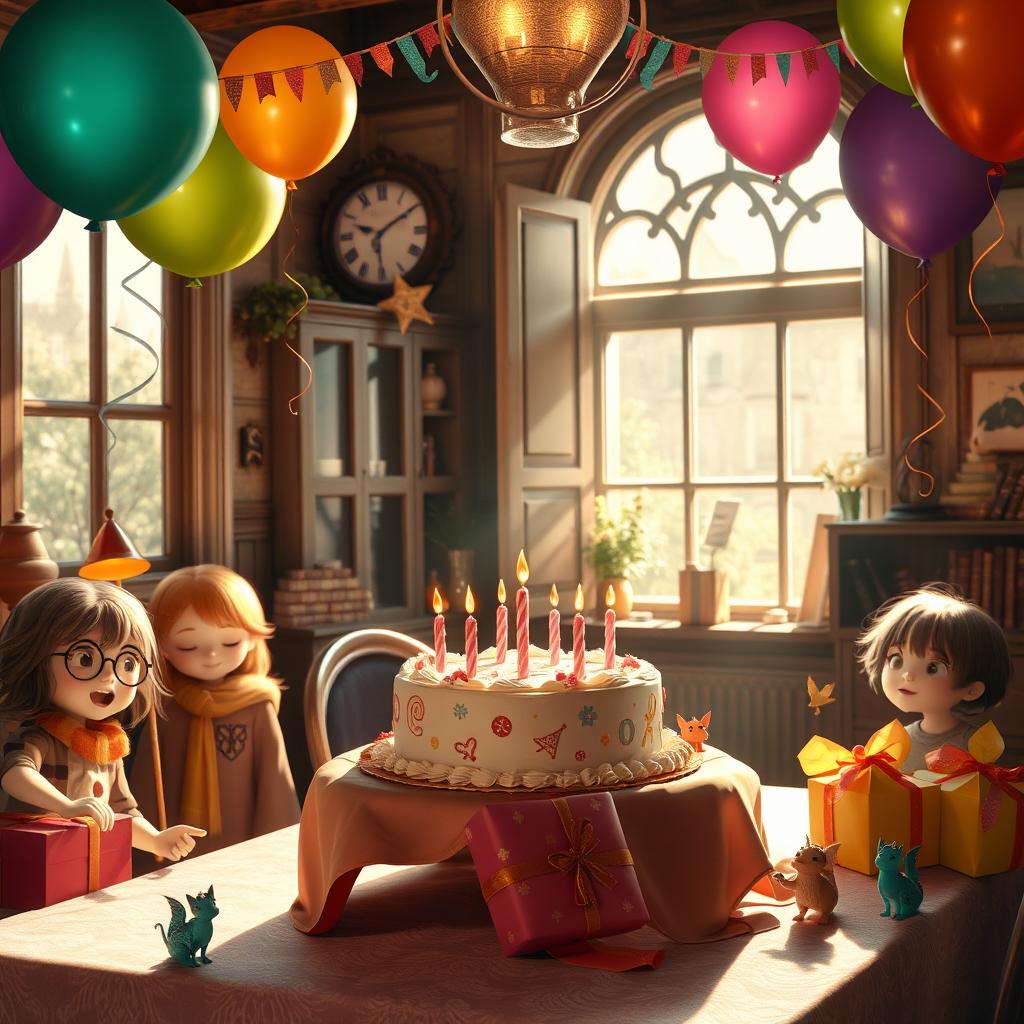 A heartwarming scene celebrating a birthday in a quaint London house, adorned with magical elements