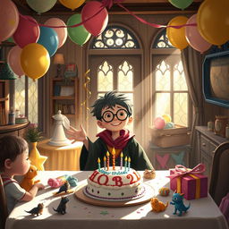 A heartwarming scene celebrating a birthday in a quaint London house, adorned with magical elements