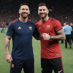 Lionel Messi, the famous footballer, and Randy Orton, the WWE wrestler, standing side-by-side, each one in their respective sports gear, sharing smiles.