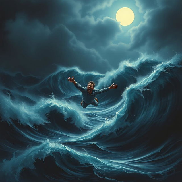 A dramatic scene of a man falling into the dark ocean waves