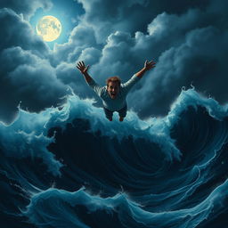 A dramatic scene of a man falling into the dark ocean waves