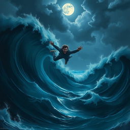 A dramatic scene of a man falling into the dark ocean waves