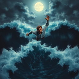 A dramatic scene of a man falling into the dark ocean waves