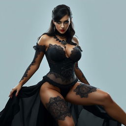 A captivating gothic woman dressed as a vampire, with a voluptuous figure, showcasing her large breasts and curvy hips