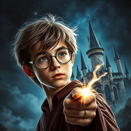 A dramatic and enchanting depiction of a young wizard with iconic round glasses and a lightning bolt scar, inspired by classic DVD movie covers