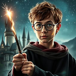 A dramatic and enchanting depiction of a young wizard with iconic round glasses and a lightning bolt scar, inspired by classic DVD movie covers