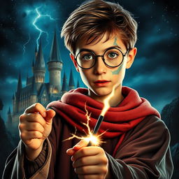 A dramatic and enchanting depiction of a young wizard with iconic round glasses and a lightning bolt scar, inspired by classic DVD movie covers