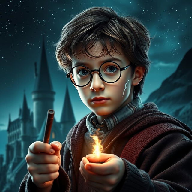 A dramatic and enchanting depiction of a young wizard with iconic round glasses and a lightning bolt scar, inspired by classic DVD movie covers