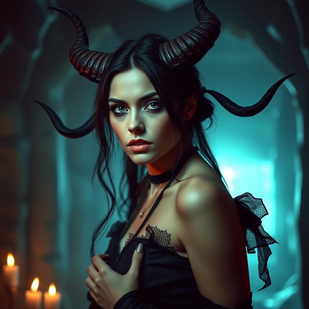 A gothic woman with horns, striking a powerful and mysterious pose