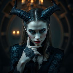 A gothic woman with horns, striking a powerful and mysterious pose