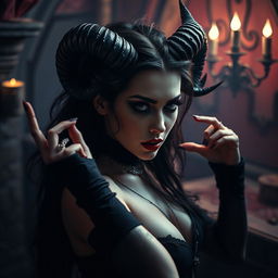 A gothic woman with horns, striking a powerful and mysterious pose