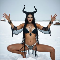 A beautiful gothic woman with horns, wearing beachwear, standing in the snow