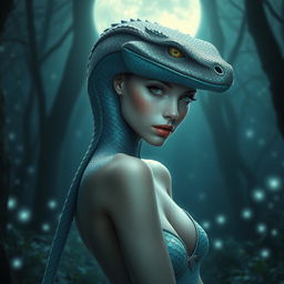 A beautiful and mystical reptilian-themed humanoid woman, embodying grace and elegance