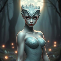 A beautiful and mystical reptilian-themed humanoid woman, embodying grace and elegance