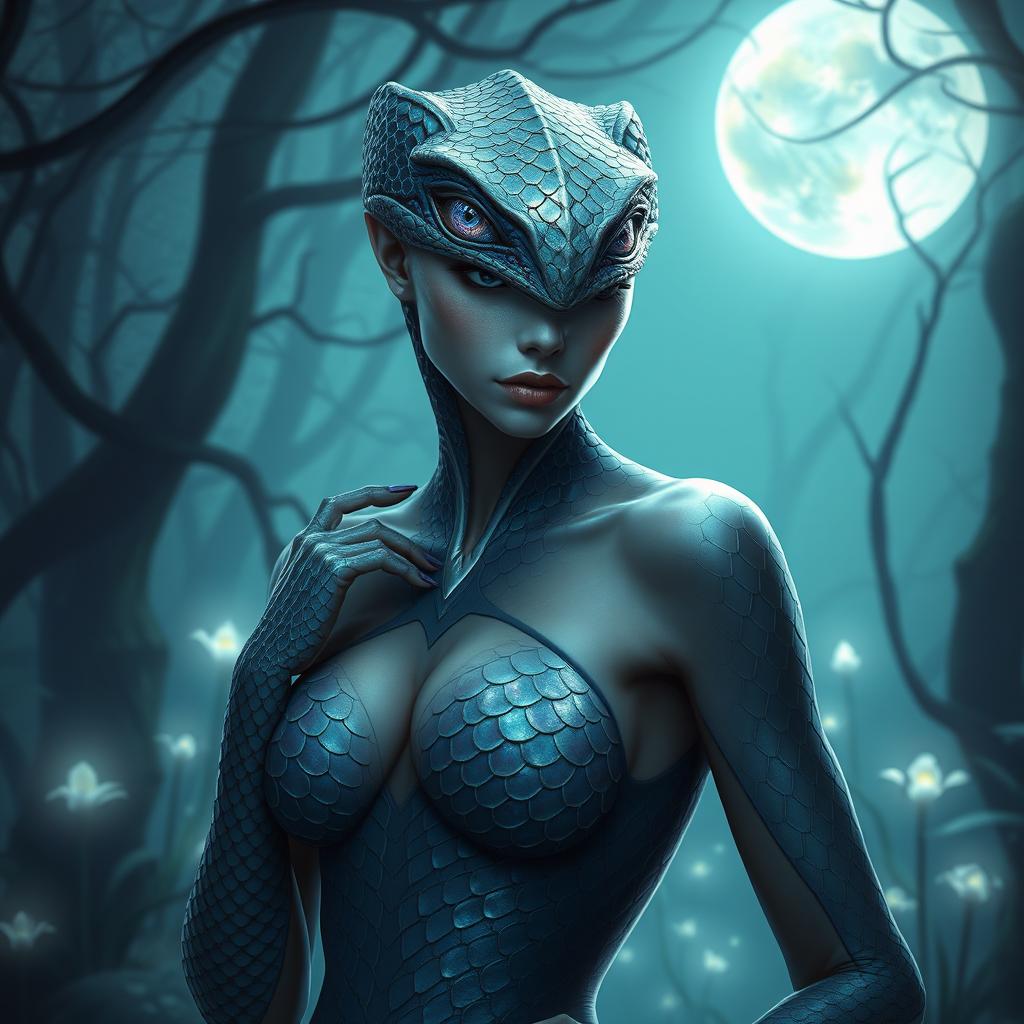 A beautiful and mystical reptilian-themed humanoid woman, embodying grace and elegance