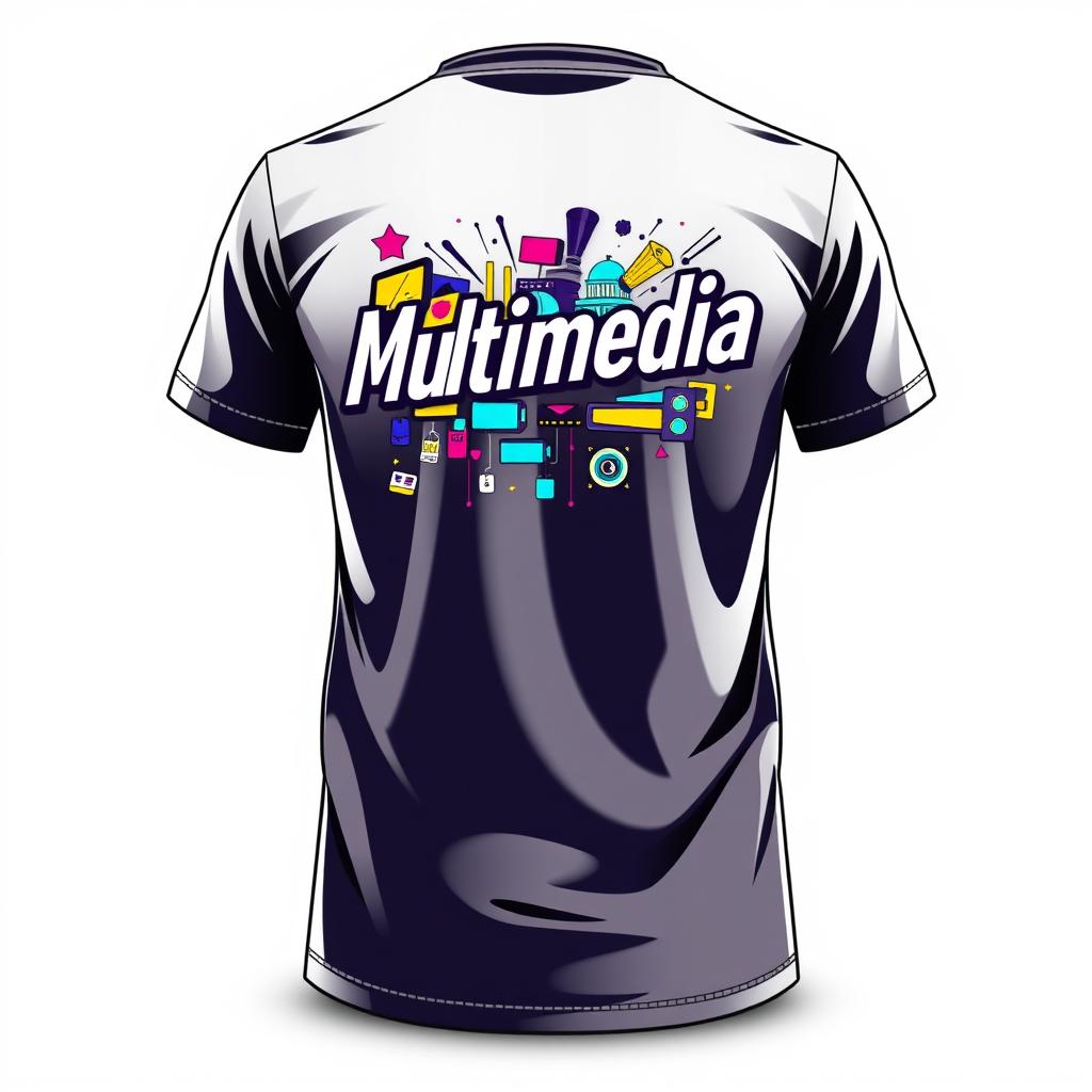 T-shirt design with a stylish and modern print on the back featuring the word "Multimedia" in bold, eye-catching typography