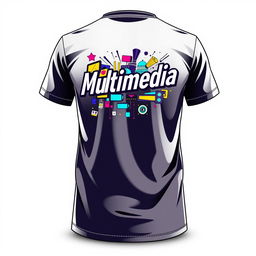 T-shirt design with a stylish and modern print on the back featuring the word "Multimedia" in bold, eye-catching typography